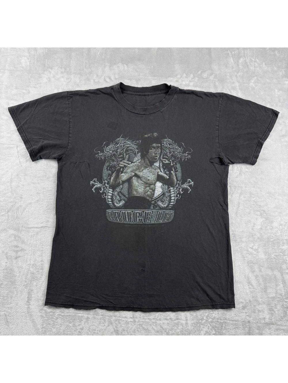 VTG Bruce Lee Mens Black Graphic T Shirt Dragon Martial Arts Kung Fu Distressed